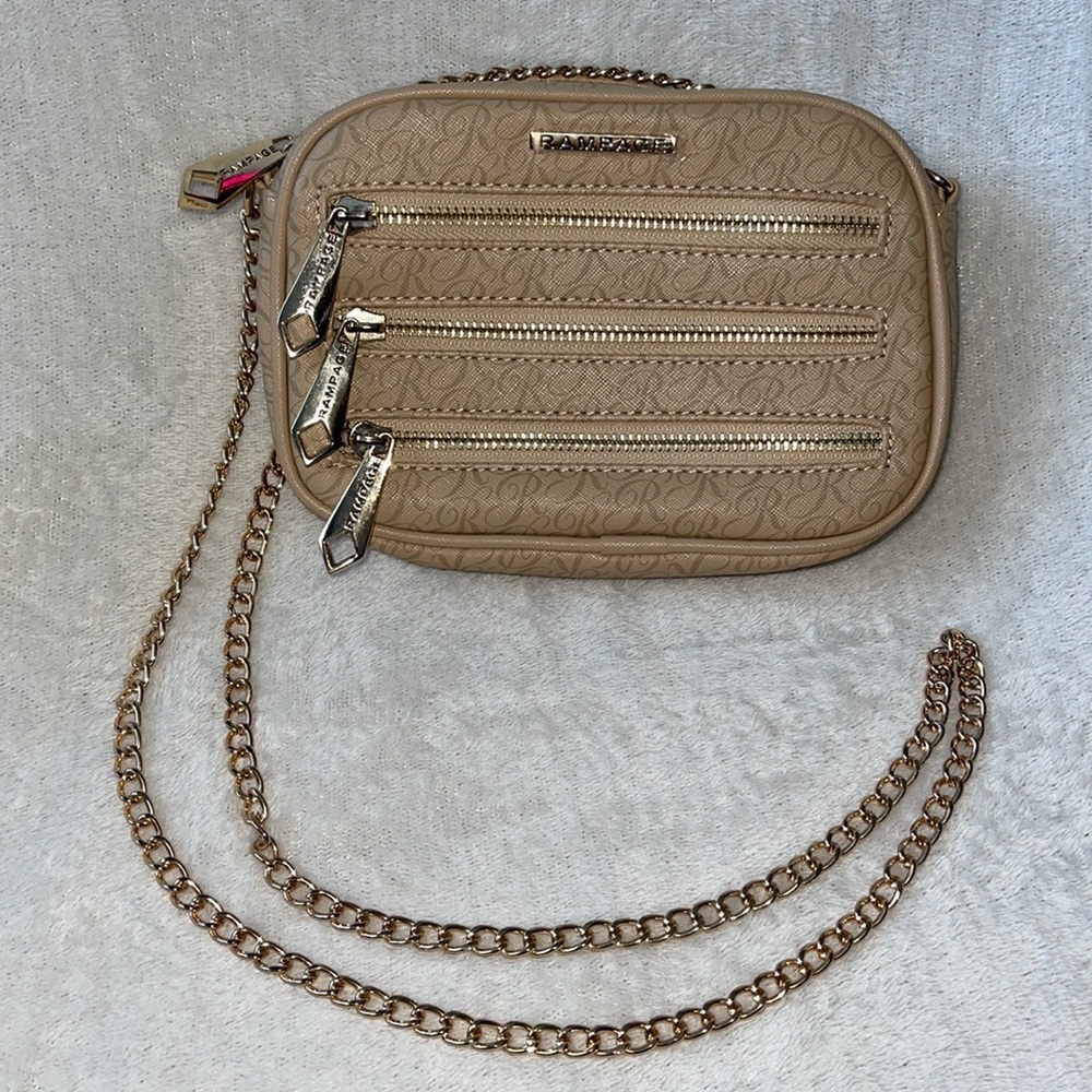 Rampage Signature 3 front zipper crossbody beige/tan/cream with Gold chain strap